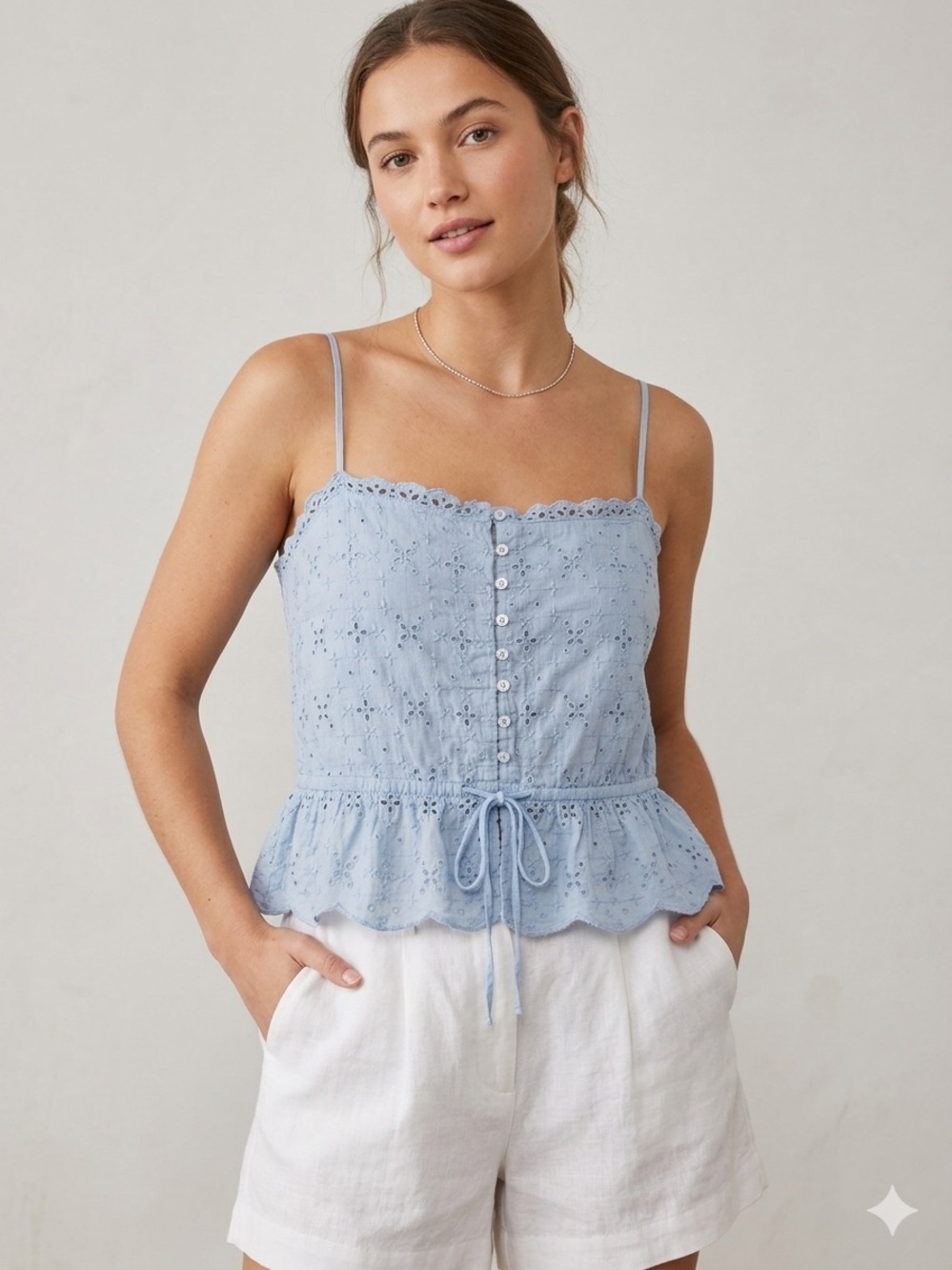 Aerie Light Blue Eyelet Smocked Peplum Cami Top Romantic Cottagecore Size XL